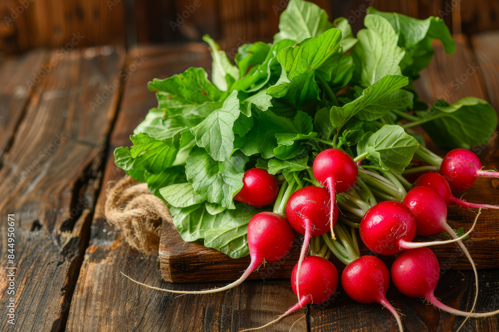 A vibrant bunch of freshly harvested red radishes with lush green leaves, displayed on a rustic wooden table.. AI generated. A vibrant bunch of freshly harvested red radishes with lush green leaves, displayed on a rustic wooden table.. AI generated.