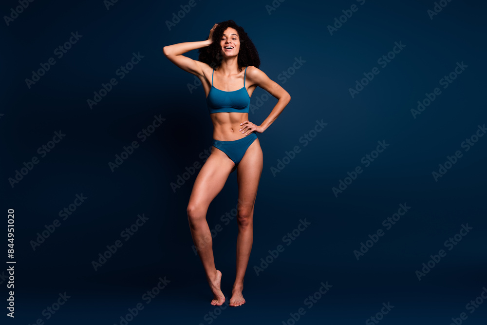 No retouch photo of pretty lady underwear lingerie laughiing enjoying self acceptance empty space isolated blue color background