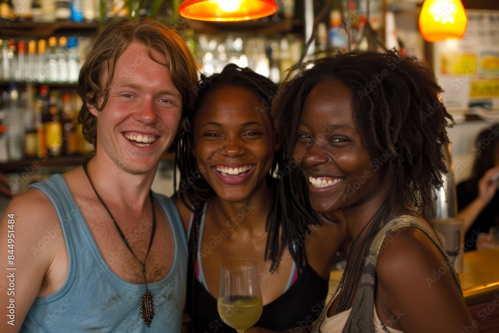 Portrait of smiling young man and woman sitting at the bar counter Portrait of smiling young man and woman sitting at the bar counter