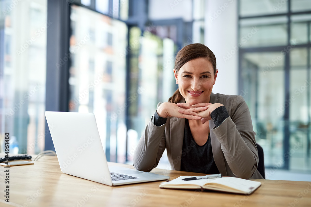 Fototapeta premium Laptop, portrait and business woman in office for planning schedule, information or research in Italy. Face, secretary or professional entrepreneur with book, employee or happy receptionist working