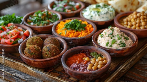 Plate of chickpeas falafel with various sauce dips