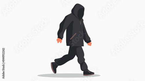 Hooded figure walking isolated grey, unidentifiable person hoodie, mysterious individual moving. Faceless character black coat pants, anonymity concept, anonymity, unknown person illustrated. Hooded