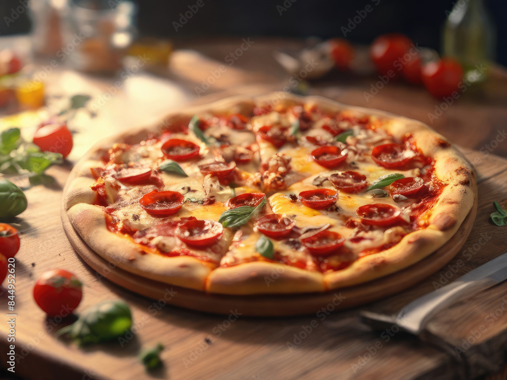 Homemade pizza made of dough with vegetables and cheese, Food prepared at home. Homemade pizza made of dough with vegetables and cheese, Food prepared at home.