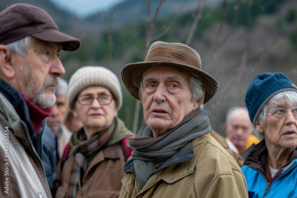 Group of senior people on a walk in the spring in the countryside Group of senior people on a walk in the spring in the countryside