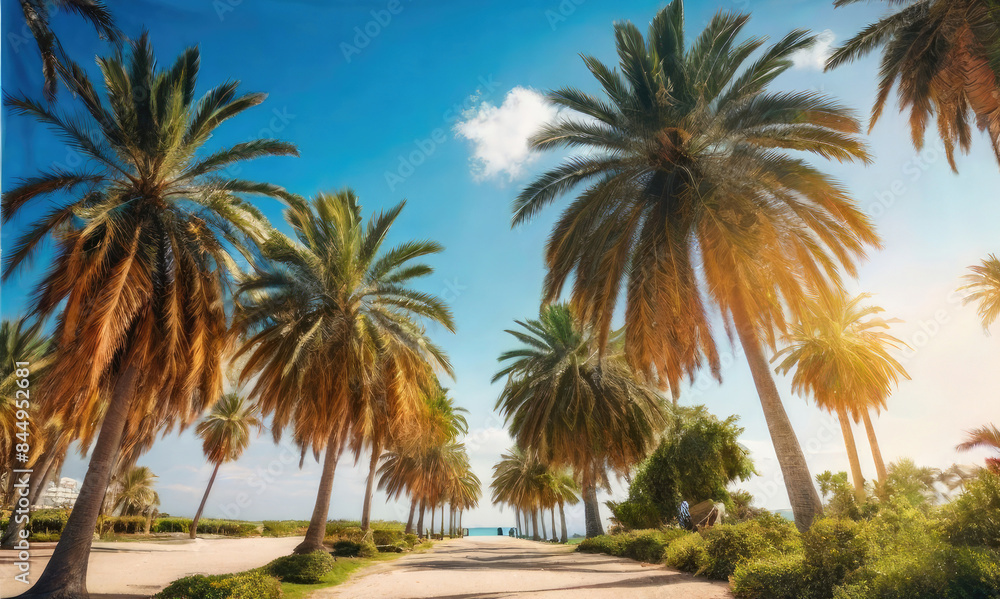 Palm trees against blue sky background. Palm trees against blue sky background.