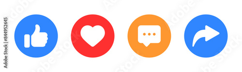 Like, comment, share icon button set. Social media notification icons : Thumbs up and love heart flat icon , social network user interface flat icons, post reactions. Vector illustration