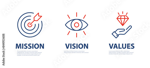 Mission, Vision, Values and Goals Icon Set. Target, Diamond, eye, icon symbol. company purpose flat icons. business creative concept with 3 steps. web page template