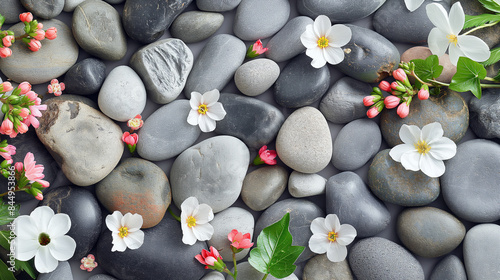 Background of rounded stones and summer flowers  wallpaper