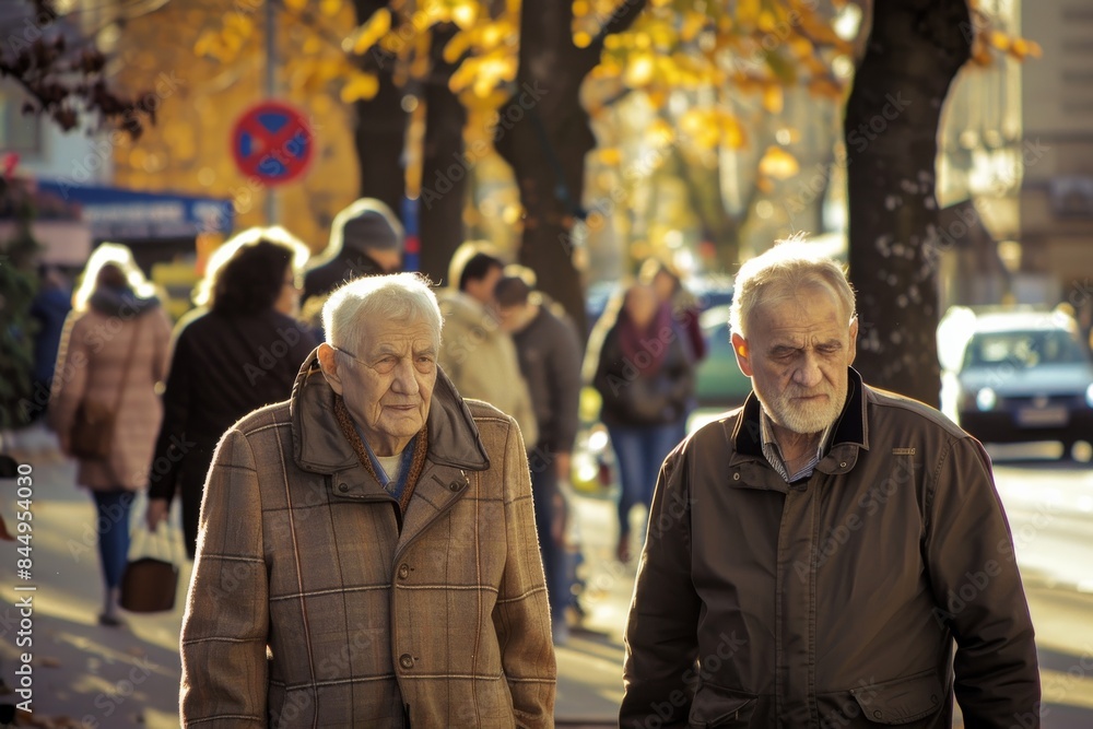 Portrait of two elderly people walking on the street in autumn. Portrait of two elderly people walking on the street in autumn.