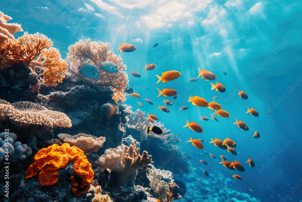 Obraz premium A vibrant coral reef teems with life as a school of colorful fish swims through the clear blue water, a testament to the beauty and fragility of this vital ecosystem.