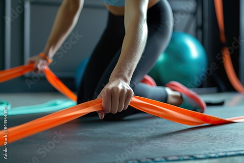 A person uses orange resistance bands while exercising on the floor.
