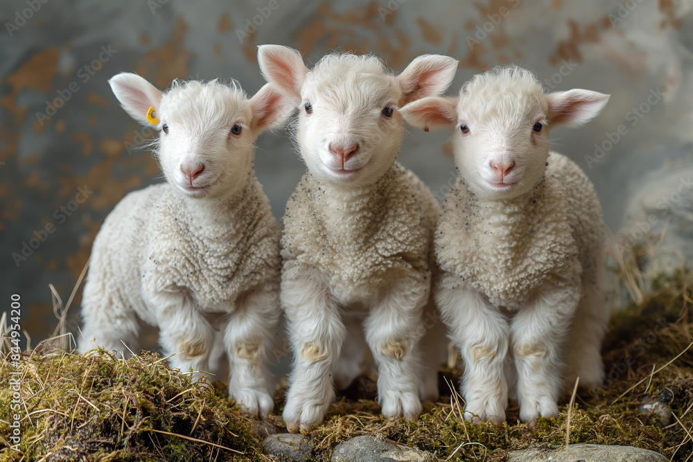 Three fluffy sheep of different colors stand close, showing curiosity and unity in their grazing. Three fluffy sheep of different colors stand close, showing curiosity and unity in their grazing.