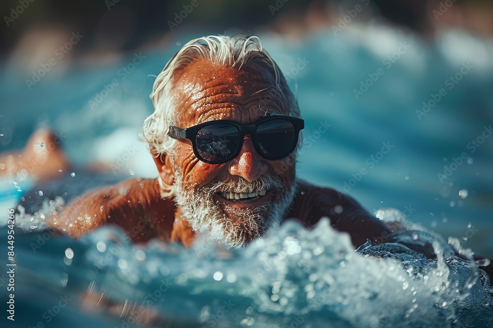 Fototapeta premium An image depicts a person swimming in clear blue water, emphasizing movement and refreshment