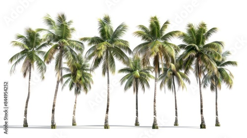 A row of palm trees are shown in various stages of growth on white background © Leafart