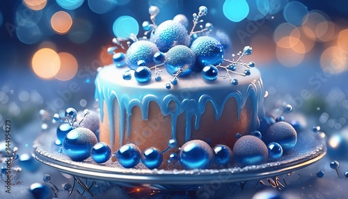 small cake with blue balls, with berries and white icing