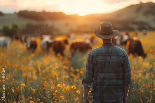 A man in a hat and plaid shirt looks over a field with cows during sunset, implying peaceful rural life © Larisa AI