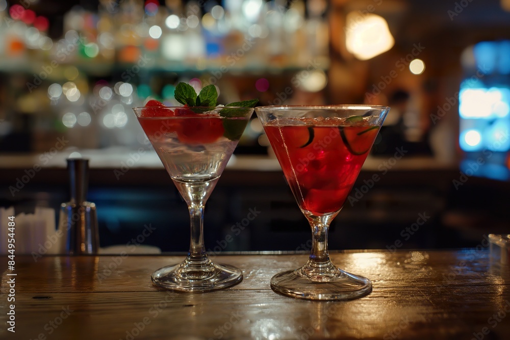 Two colorful cocktails sit on a bar counter, ready to be enjoyed. Two colorful cocktails sit on a bar counter, ready to be enjoyed.