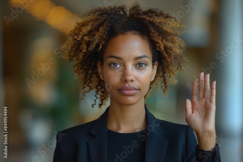 A young, attractive woman in a black blazer with her palm facing forward in a halting gesture photo