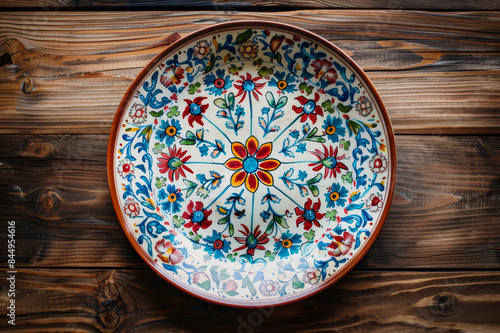 A beautifully decorated ceramic plate with intricate floral patterns and a glossy finish, set on a rustic wooden table.. AI generated.