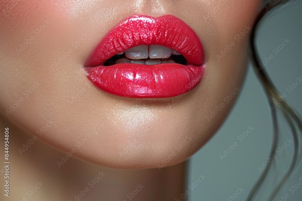 Obraz premium Macro shot of vibrant red glossy lips of a woman, highlighting makeup textures