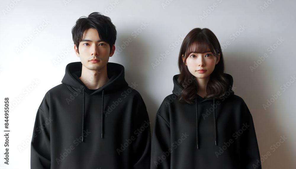 柄の無い黒いパーカーを着た若い男女 柄の無い黒いパーカーを着た若い男女