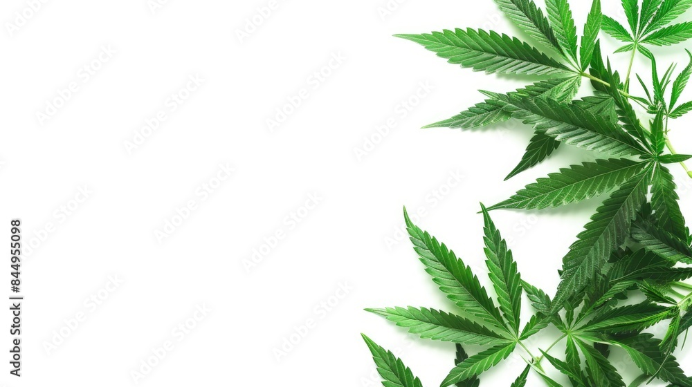 Leaves of Cannabis or Marijuana on a white background with room for text Leaves of Cannabis or Marijuana on a white background with room for text