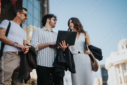 A diverse group of business colleagues engaged in a discussion while holding a laptop on a sunny city street.