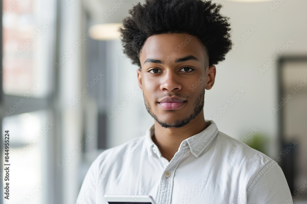 Young professional with a tablet in his hand standing in a modern office building, conveying a sense of ambition and determination Young professional with a tablet in his hand standing in a modern office building, conveying a sense of ambition and determination