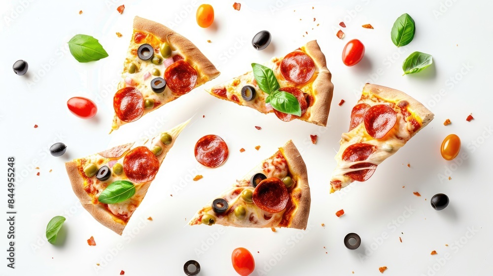 Pizza slices flying with pepperoni olives melting cheese and basil on white background Pizza slices flying with pepperoni olives melting cheese and basil on white background