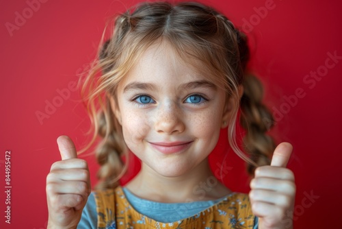 Cute girl with sparkling blue eyes and a big smile gives thumbs up, embodying positivity and affirmation photo
