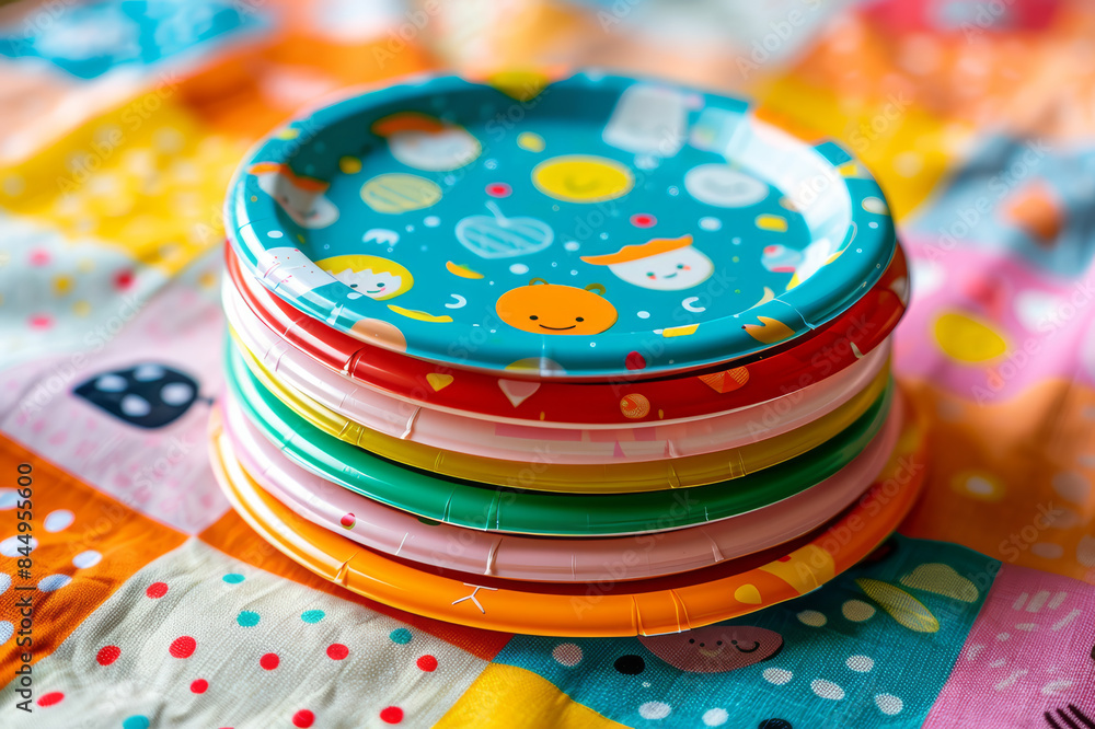 A stack of colorful plastic plates featuring various playful designs, perfect for a children's party, set on a vibrant tablecloth.. AI generated.