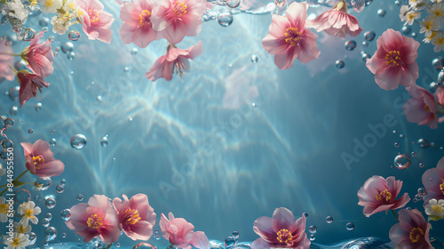 Natural background, flowers under water by water. Flowers floating under water and illuminated by sun rays