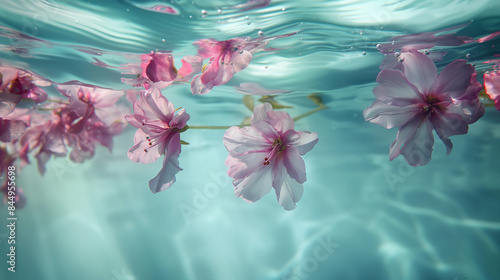 Natural background, flowers under water by water. Flowers floating under water and illuminated by sun rays