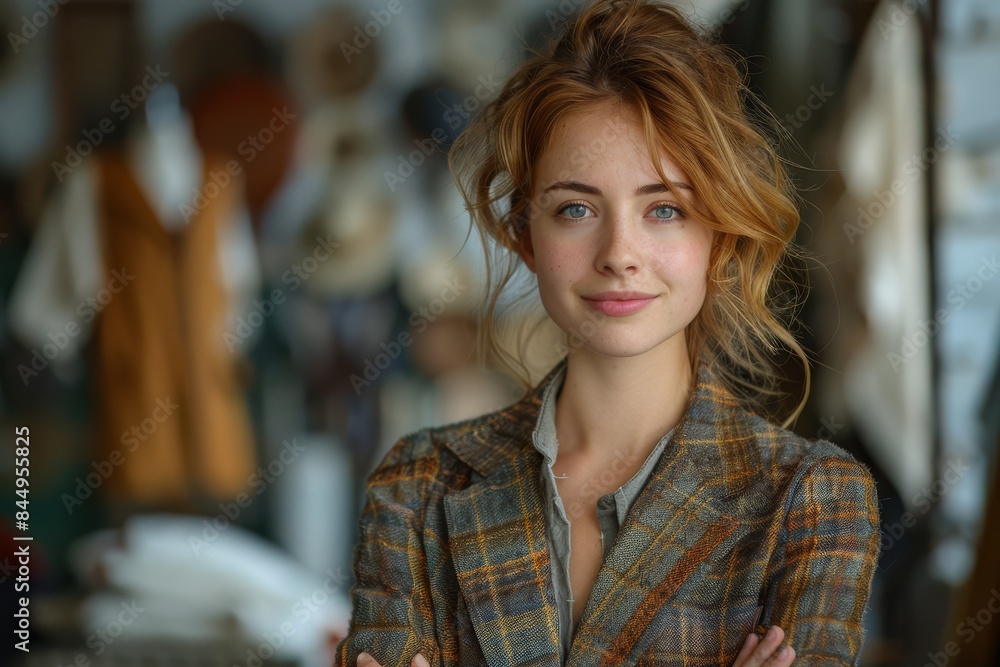A stylish redhead exudes sophistication and poise in a vintage boutique setting, surrounded by classic fashion items A stylish redhead exudes sophistication and poise in a vintage boutique setting, surrounded by classic fashion items