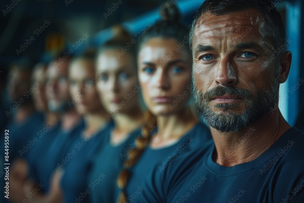A mature man with a commanding presence stands distinguished among a line of athletes A mature man with a commanding presence stands distinguished among a line of athletes