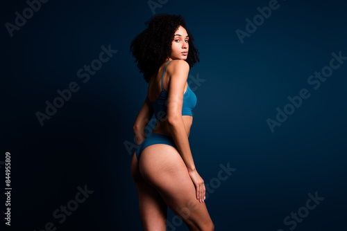 No retouch photo of seductive pretty lady underwear lingerie enjoying self acceptance empty space isolated blue color background © deagreez