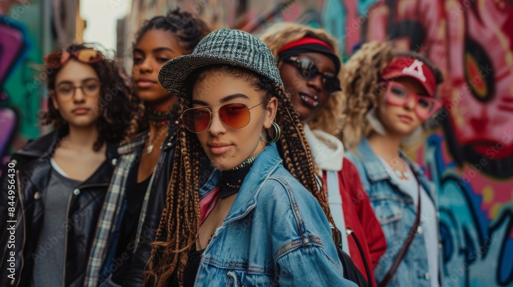 With a graffiticovered alley as the defocused background a group of stylish young rebels confidently pose in their nonconformist fashion statements. . With a graffiticovered alley as the defocused background a group of stylish young rebels confidently pose in their nonconformist fashion statements. .