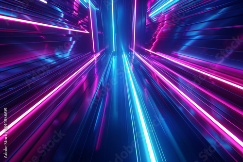 3d render, abstract background with neon glowing lines in blue and purple colors on black background. Cyberpunk style wallpaper for design of banner