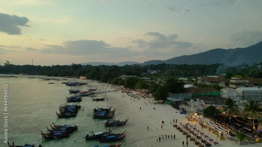 Sunset over beach in tourists thailand and boats. Great aerial view flight drone Sunset over beach in tourists thailand and boats. Great aerial view flight drone