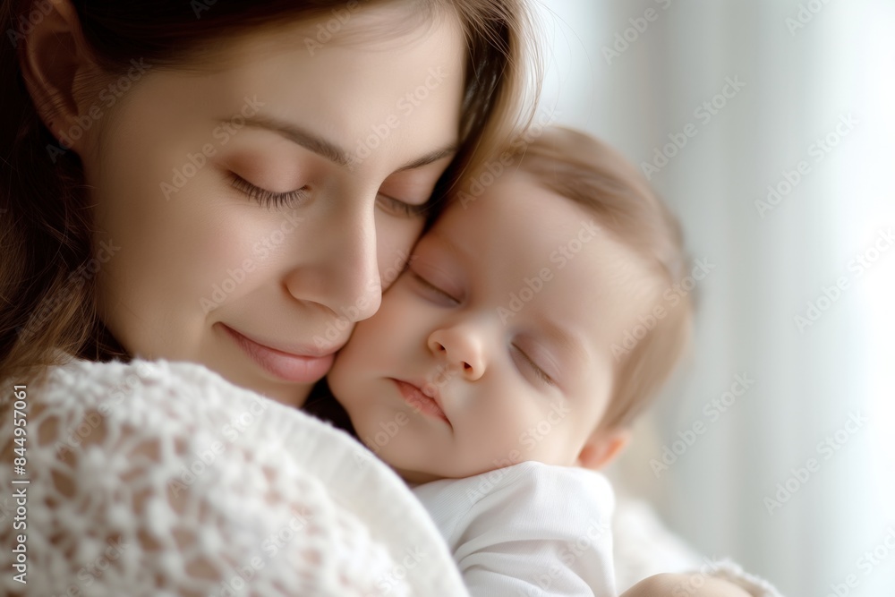 Mother gazes lovingly at her peacefully sleeping newborn baby in a cozy home, capturing a moment of pure joy and happiness Mother gazes lovingly at her peacefully sleeping newborn baby in a cozy home, capturing a moment of pure joy and happiness