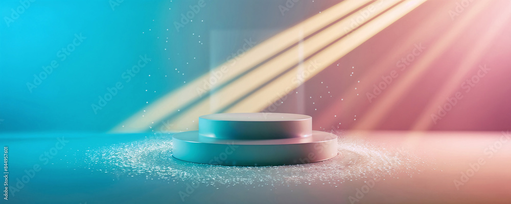 Circular minimalist podium with gradient tone from turquoise blue to pink under yellow spotlight lights with sparkles around. concept for product presentation with copy space and wide view. Circular minimalist podium with gradient tone from turquoise blue to pink under yellow spotlight lights with sparkles around. concept for product presentation with copy space and wide view.