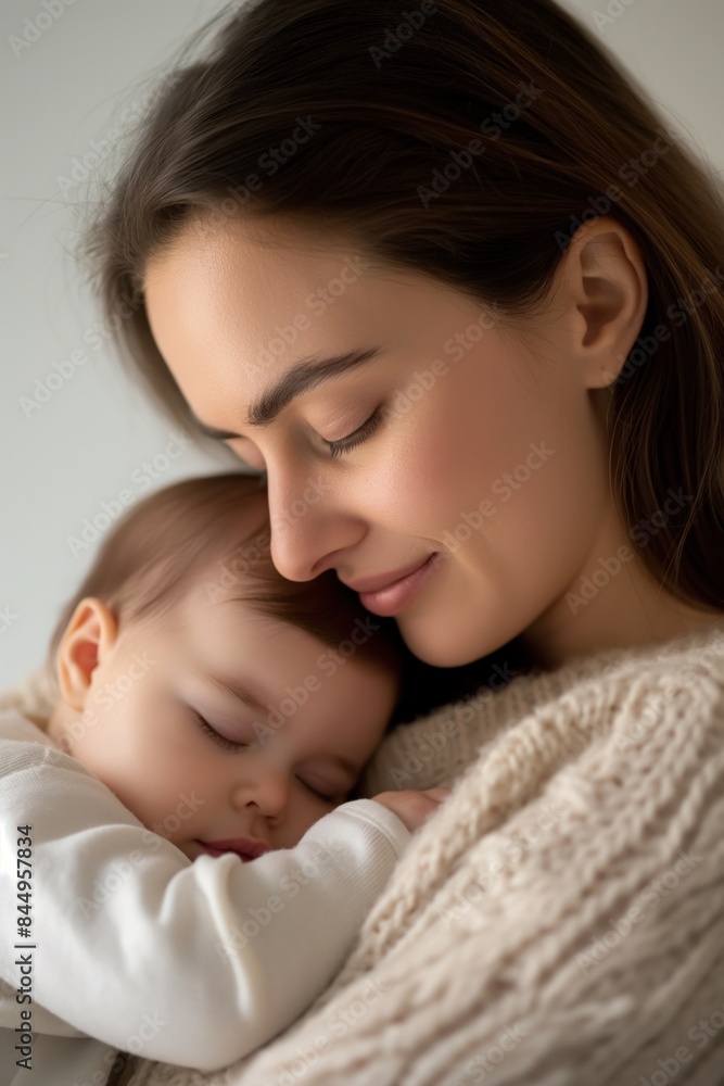 Mother gazes lovingly at her peacefully sleeping baby girl, radiating warmth and joy in a cozy embrace Mother gazes lovingly at her peacefully sleeping baby girl, radiating warmth and joy in a cozy embrace