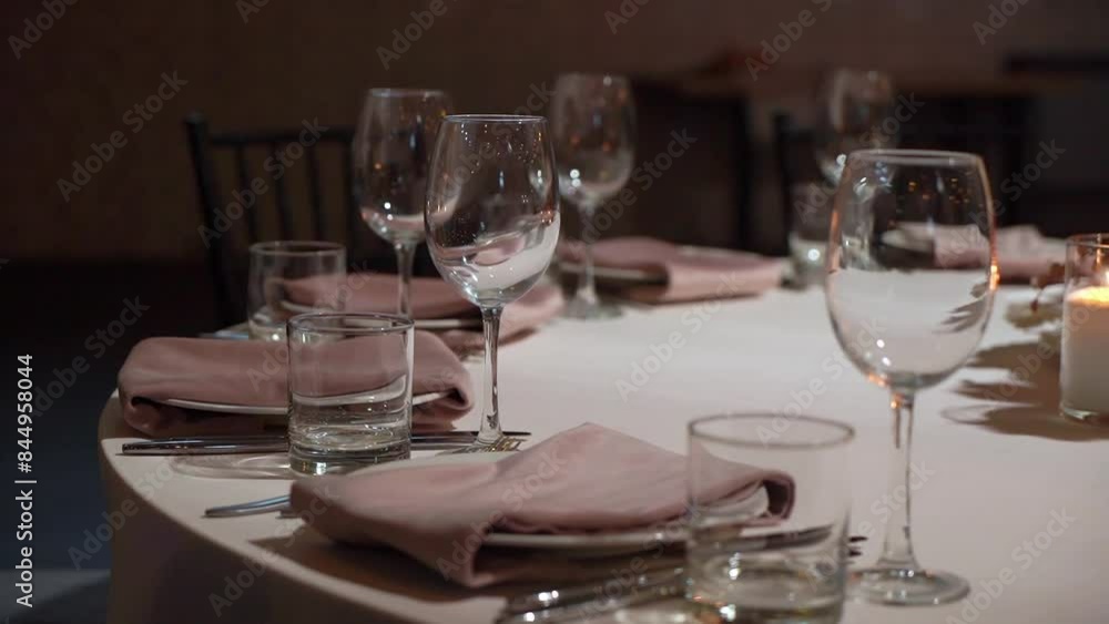 Table Setting for a Wedding Reception with glasses and plates. Indoor reception venue. Table Setting for a Wedding Reception with glasses and plates. Indoor reception venue.