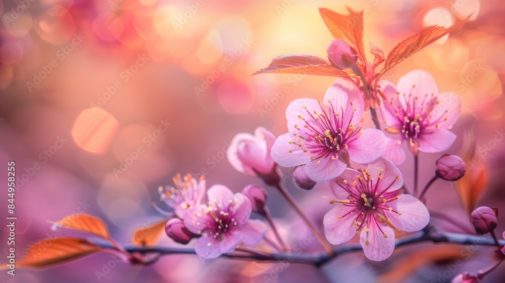 Cherry blossoms with buds and leaves in spring pink flowers on branch with blurred nature backdrop Cherry blossoms with buds and leaves in spring pink flowers on branch with blurred nature backdrop