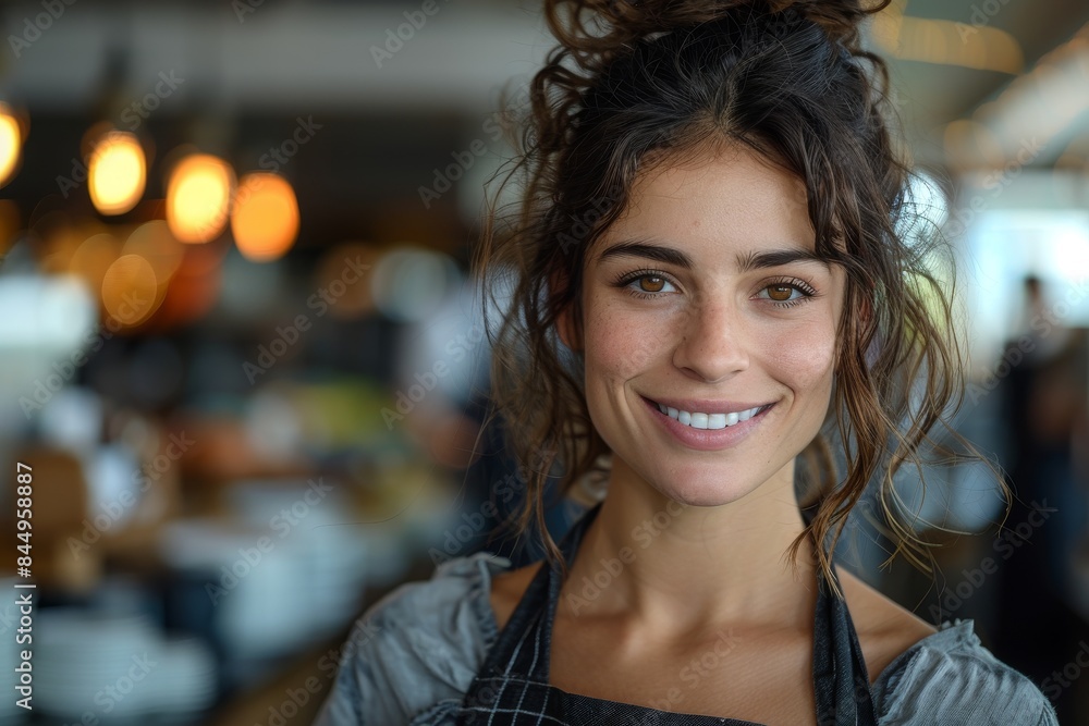 A young, happy waitress with a brilliant smile posing in a warmly lit restaurant environment exuding customer service and joy A young, happy waitress with a brilliant smile posing in a warmly lit restaurant environment exuding customer service and joy
