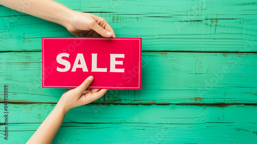 A hand holding a red paper with sale word for commercial use on a green wooden background photo