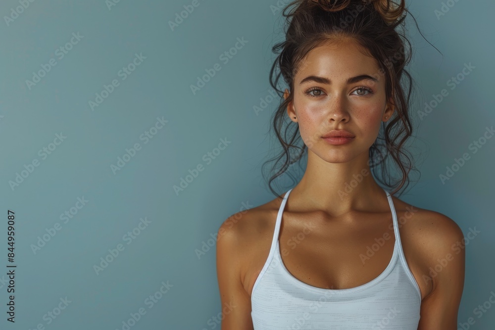 A woman in a white tank top looking thoughtful against a solid blue background A woman in a white tank top looking thoughtful against a solid blue background