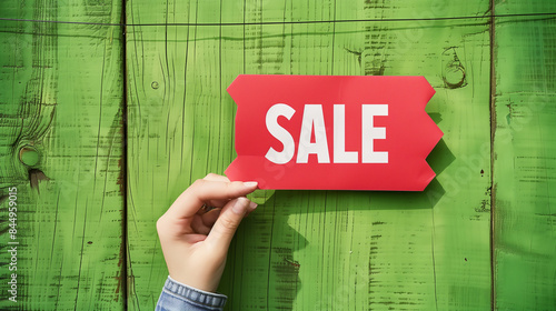 A hand holding a red paper with sale word for commercial use on a green wooden background photo