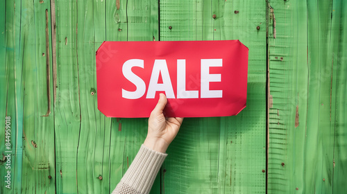 A hand holding a red paper with sale word for commercial use on a green wooden background photo