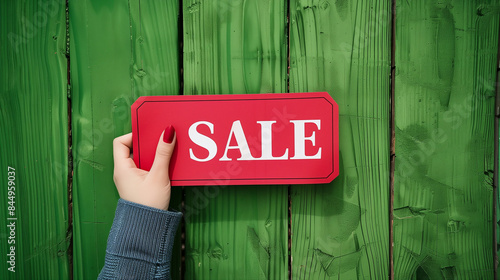 A hand holding a red paper with sale word for commercial use on a green wooden background photo